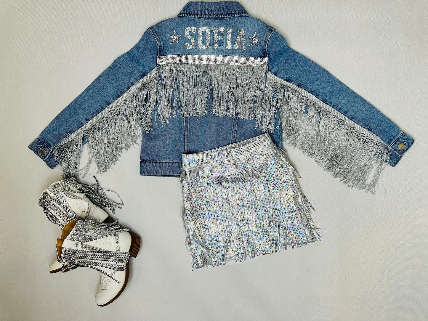 Custom Starlight Fringe Denim Jacket - Tailored Name Embellishment for Girls & Young Adults
