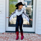 Western Glam Pageant Outfit: 'Let There Be Cowgirls' with Shimmering Black Mystique, Cow Print Accents & Tulle SkirtBy Wholesome Goods Co