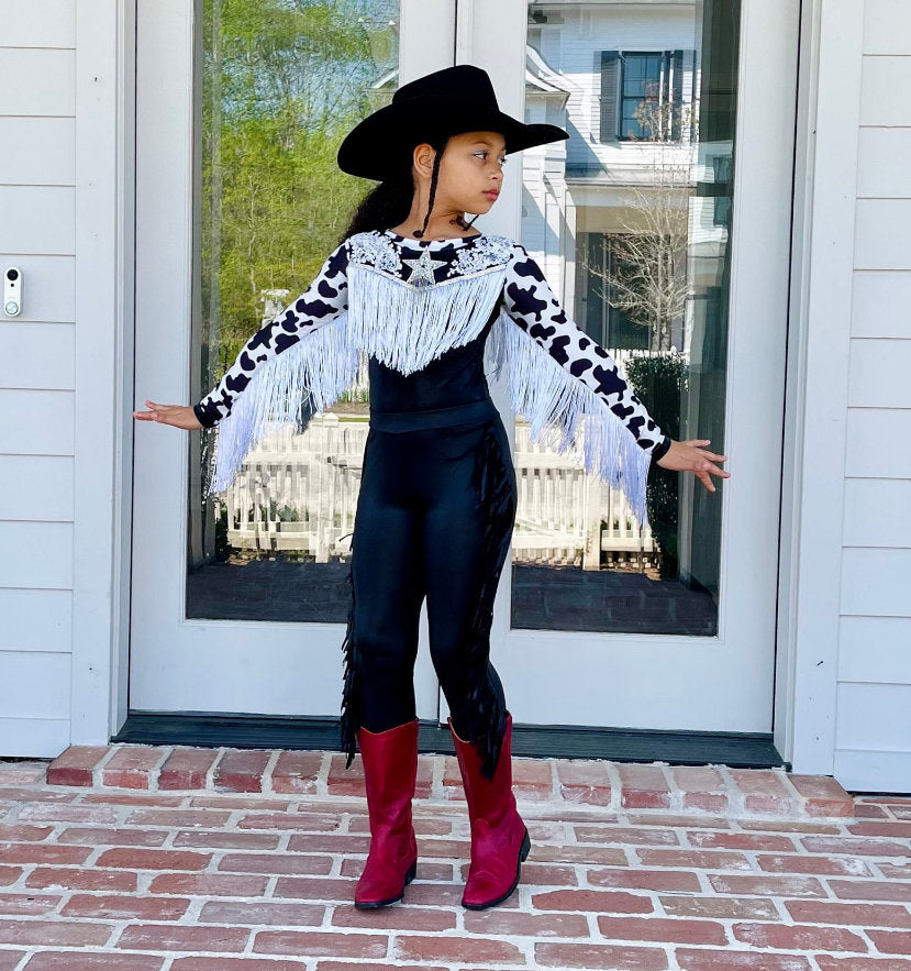 Western Glam Pageant Outfit: 'Let There Be Cowgirls' with Shimmering Black Mystique, Cow Print Accents & Tulle SkirtBy Wholesome Goods Co