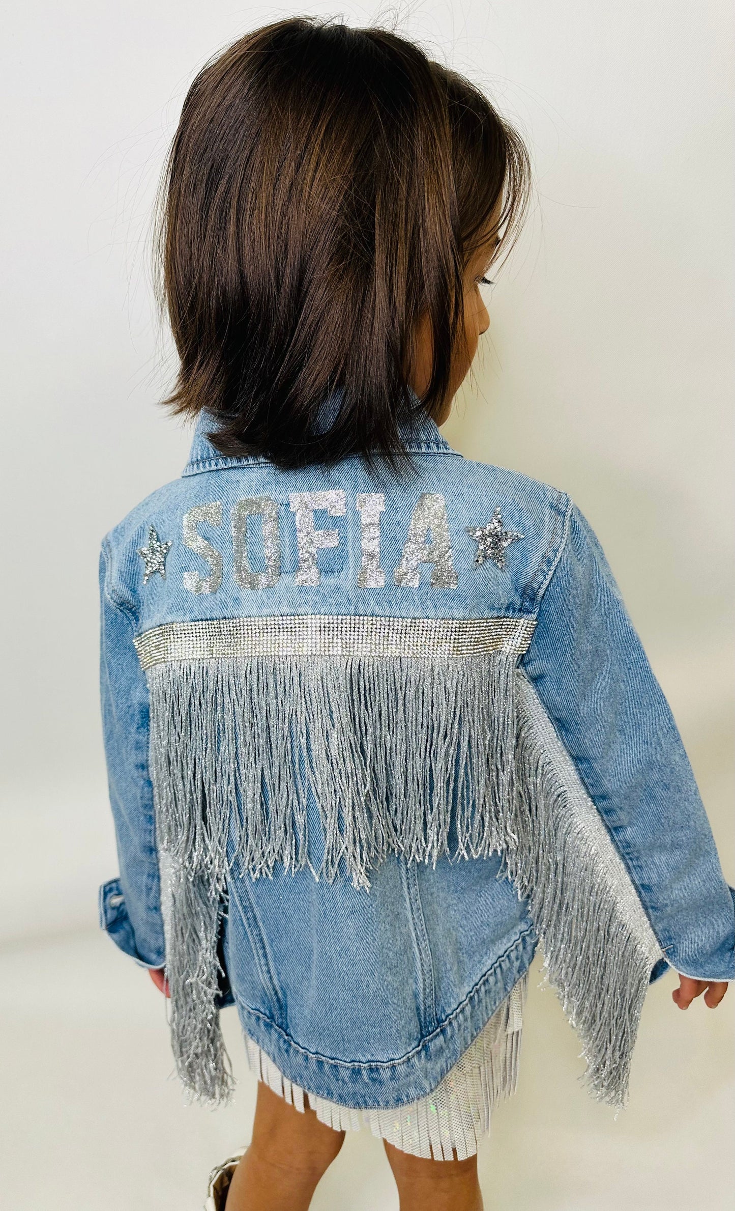 Custom Starlight Fringe Denim Jacket - Tailored Name Embellishment for Girls & Young Adults