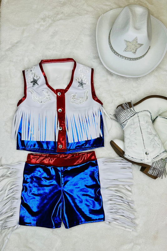Western Patriotic America Cowgirl Set|Texas Fringe Vest and  Shorts|Kids to Young Adult Sizes|Hat and Boots SOLD SEPARATELY Wholesome Goods