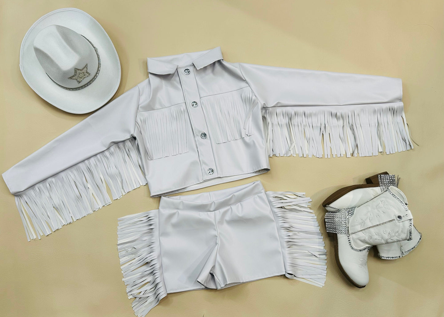 8Cowgirl Couture Fringe Set(InfantJuniors)Matte or Metallic Lycra Mystique|60+ Colors|Boots & Hat Sold Separately. Handmade Wholesome Goods