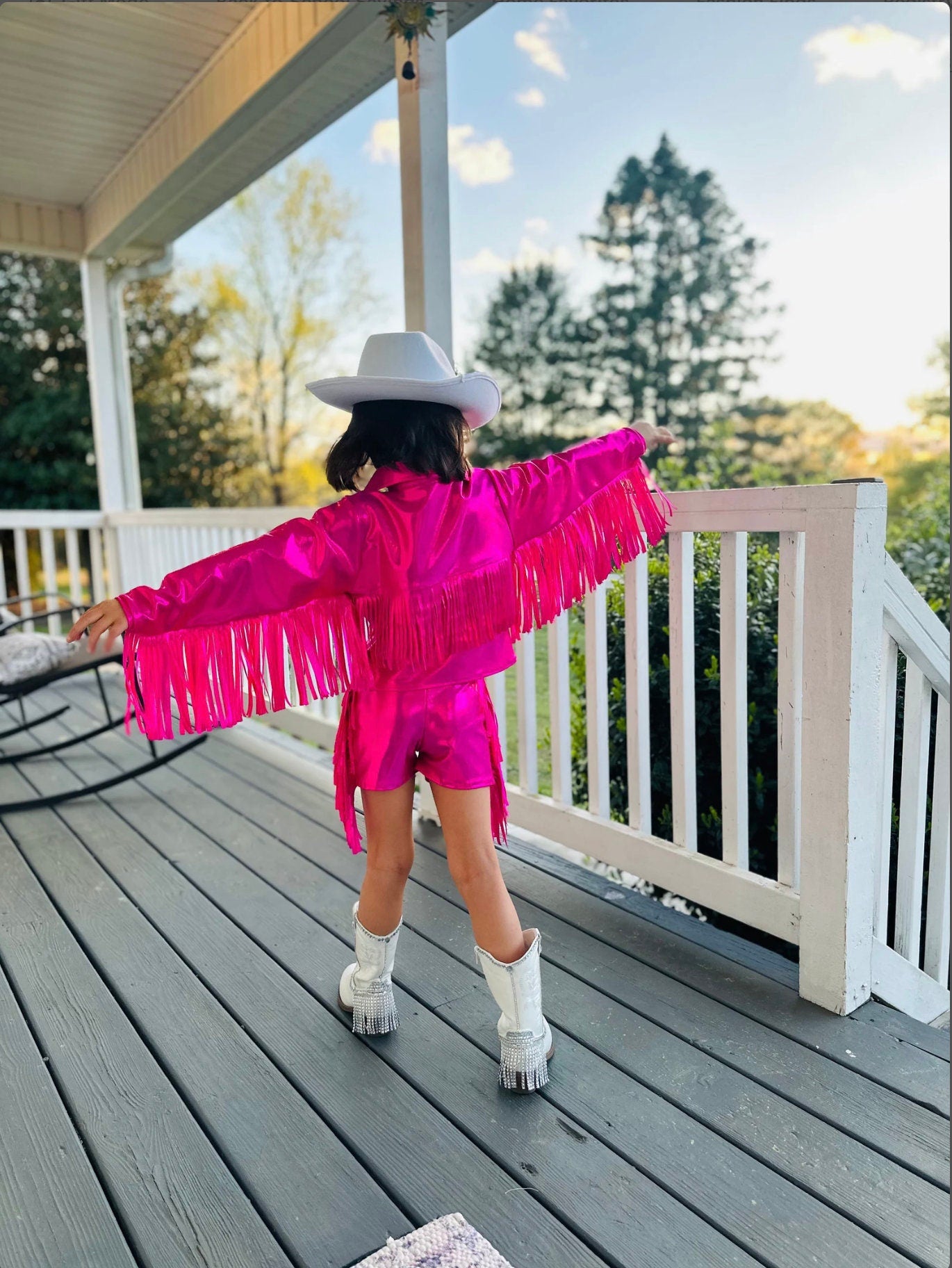 8Cowgirl Couture Fringe Set(InfantJuniors)Matte or Metallic Lycra Mystique|60+ Colors|Boots & Hat Sold Separately. Handmade Wholesome Goods