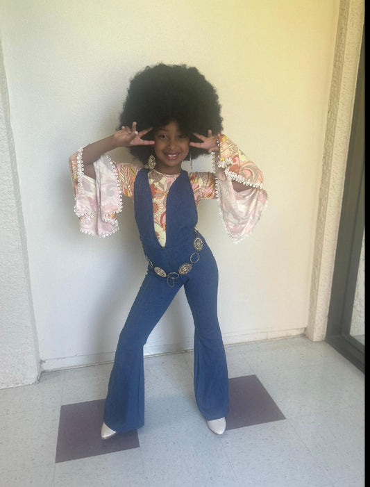 Groove in Style: Kids Denim Printed Lycra Retro Jumpsuit & Vintage Print Exaggerated Bell Sleeves Top (Sold Separately)- Light and Dark Wash
