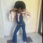 Groove in Style: Kids Denim Printed Lycra Retro Jumpsuit & Vintage Print Exaggerated Bell Sleeves Top (Sold Separately)- Light and Dark Wash