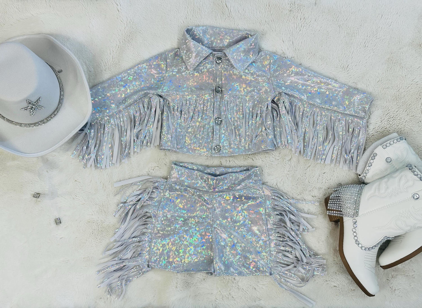 Cowgirl Couture Fringe Set(InfantJuniors)Matte or Metallic Lycra Mystique|60+ Colors|Boots & Hat Sold Separately. Handmade Wholesome Goods