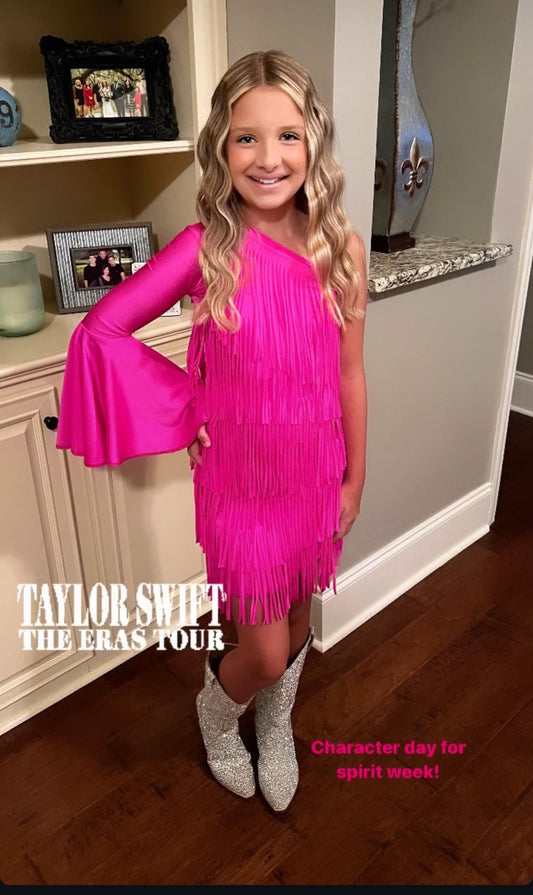 Electric Cowgirl Boho Chic Rodeo Ready One Shoulder Fringe Dress for Free-Spirited Kids - Available in Multiple Colors and Sleeve Styles.
