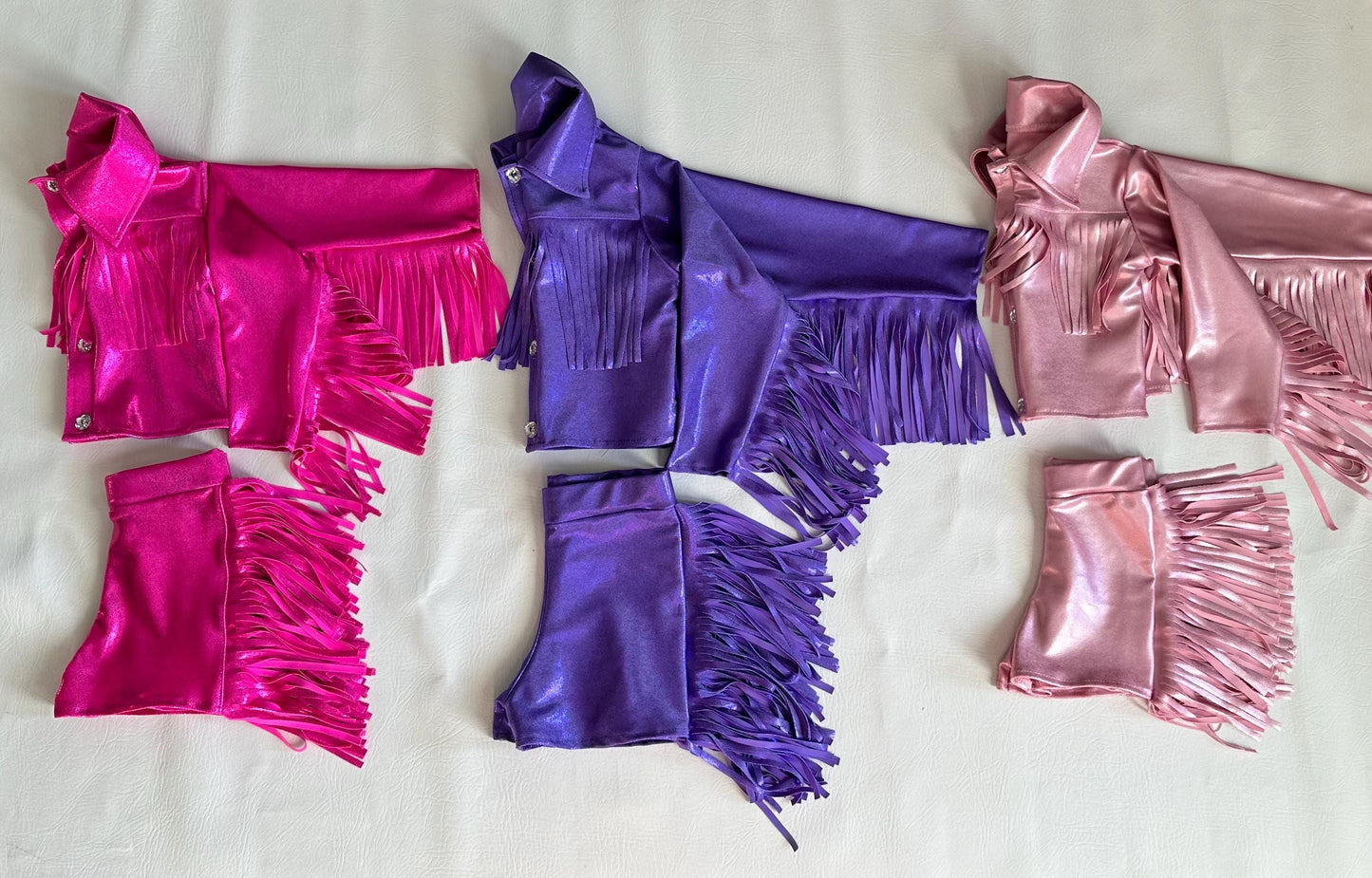8Cowgirl Couture Fringe Set(InfantJuniors)Matte or Metallic Lycra Mystique|60+ Colors|Boots & Hat Sold Separately. Handmade Wholesome Goods