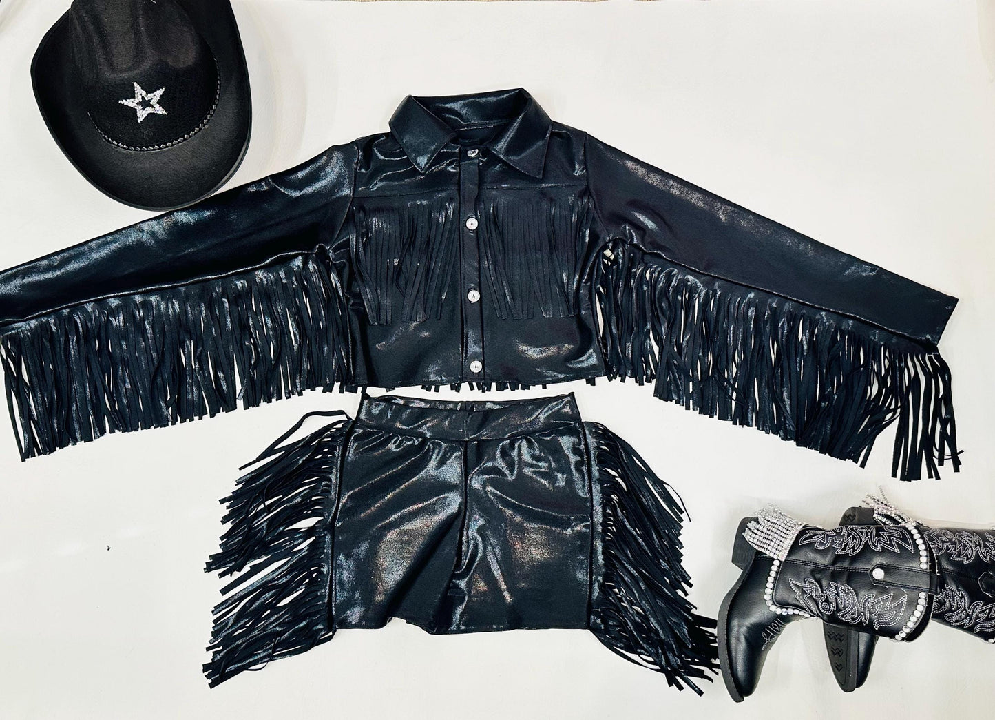 8Cowgirl Couture Fringe Set(InfantJuniors)Matte or Metallic Lycra Mystique|60+ Colors|Boots & Hat Sold Separately. Handmade Wholesome Goods