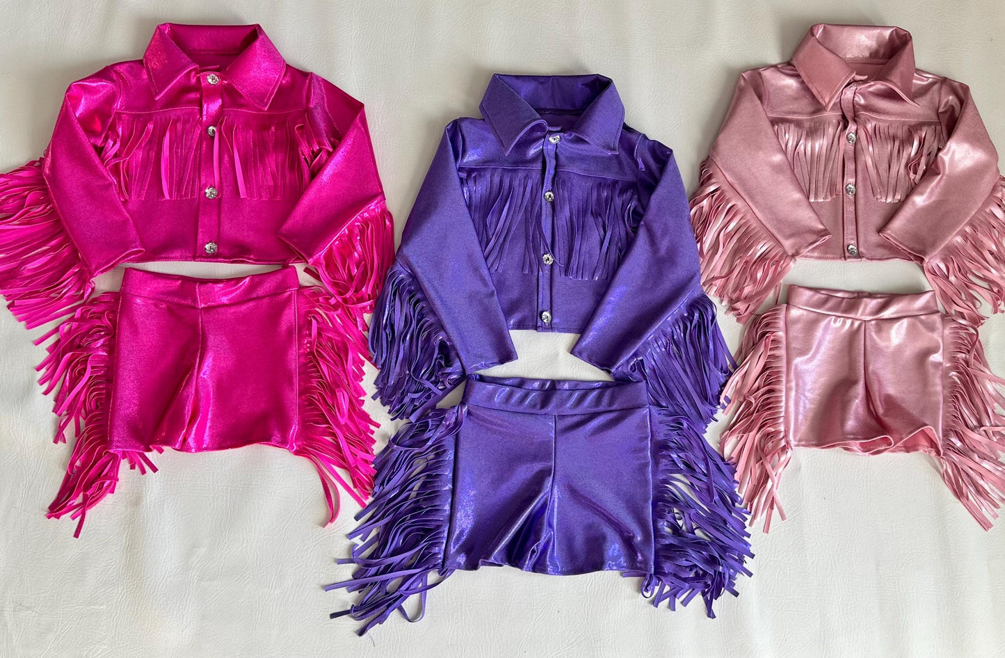 8Cowgirl Couture Fringe Set(InfantJuniors)Matte or Metallic Lycra Mystique|60+ Colors|Boots & Hat Sold Separately. Handmade Wholesome Goods