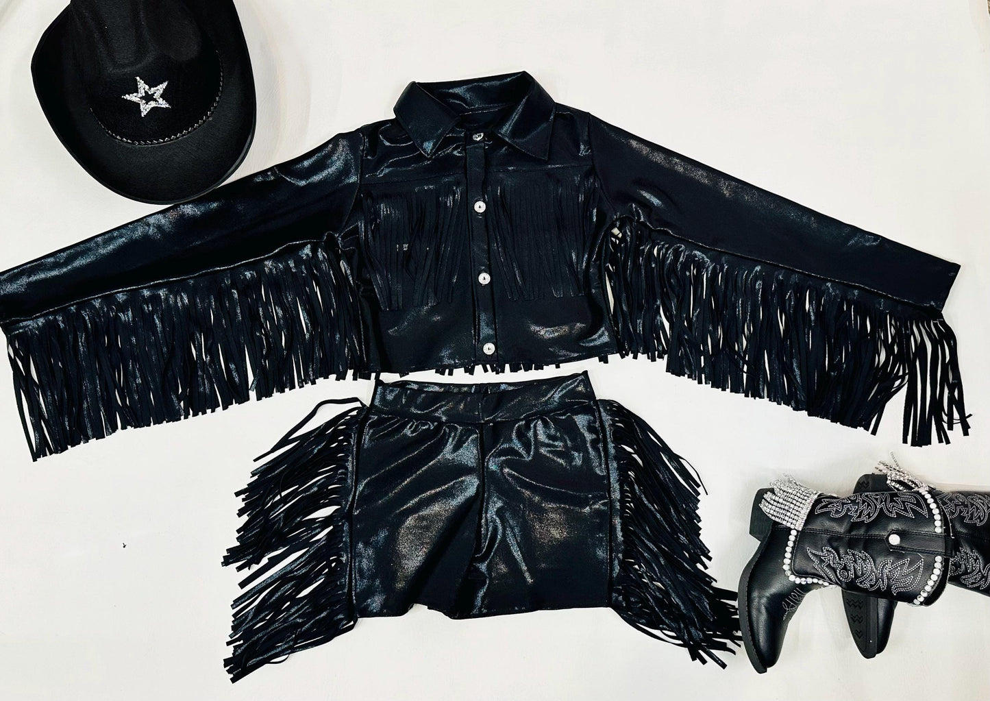 8Cowgirl Couture Fringe Set(InfantJuniors)Matte or Metallic Lycra Mystique|60+ Colors|Boots & Hat Sold Separately. Handmade Wholesome Goods