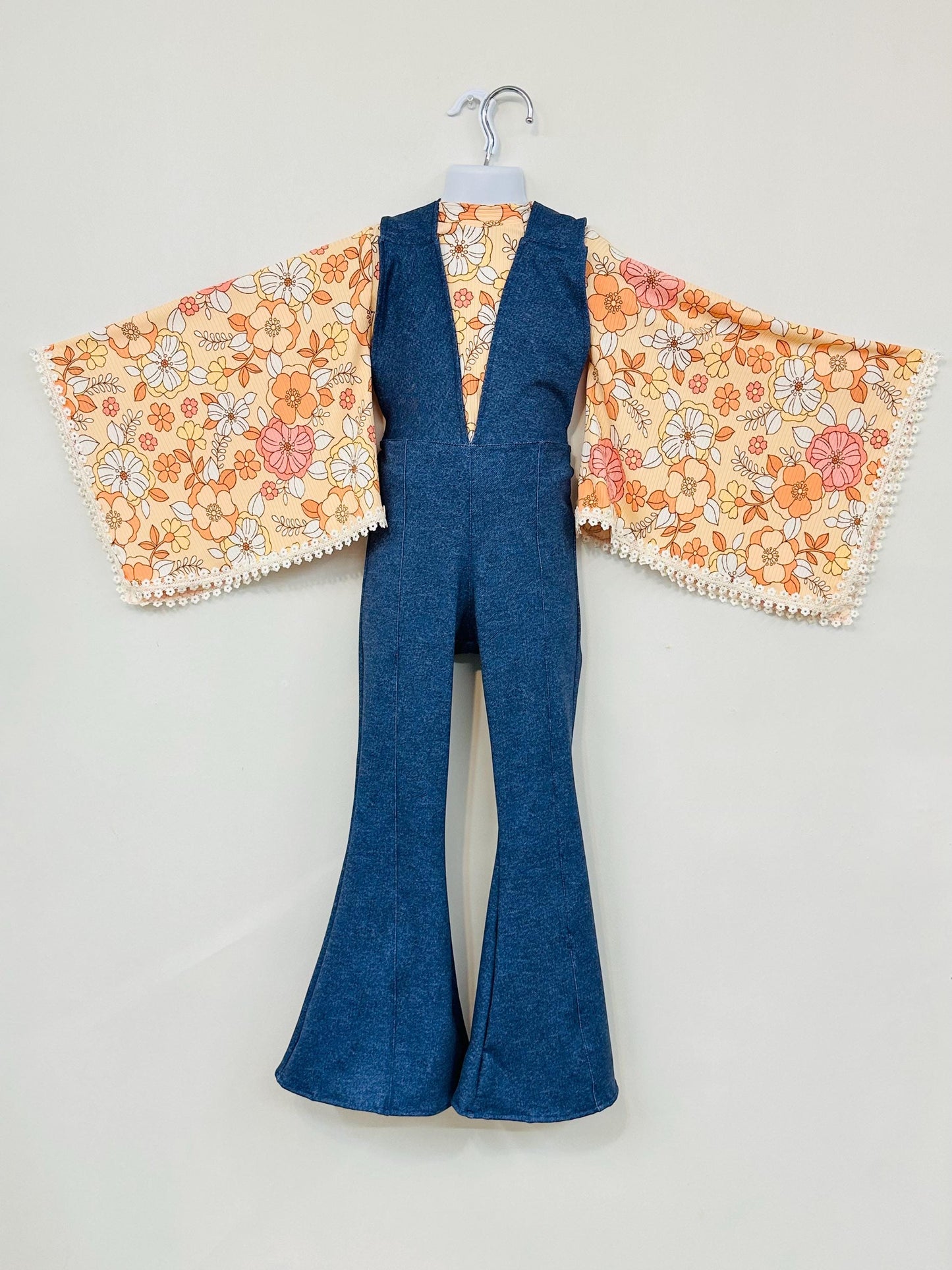 Groove in Style: Kids Denim Printed Lycra Retro Jumpsuit & Vintage Print Exaggerated Bell Sleeves Top (Sold Separately)- Light and Dark Wash
