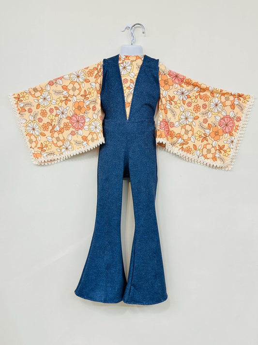 Groove in Style: Kids Denim Printed Lycra Retro Jumpsuit & Vintage Print Exaggerated Bell Sleeves Top (Sold Separately)- Light and Dark Wash