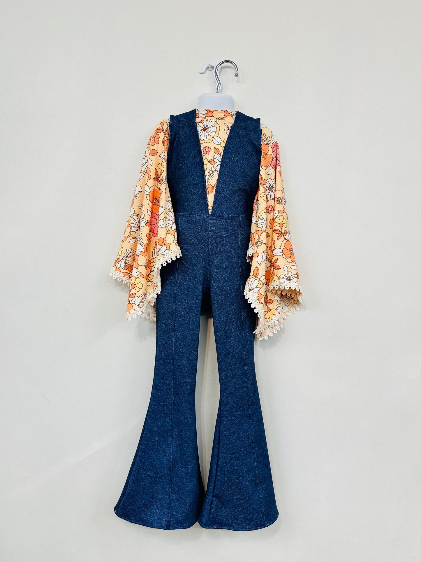 Groove in Style: Kids Denim Printed Lycra Retro Jumpsuit & Vintage Print Exaggerated Bell Sleeves Top (Sold Separately)- Light and Dark Wash