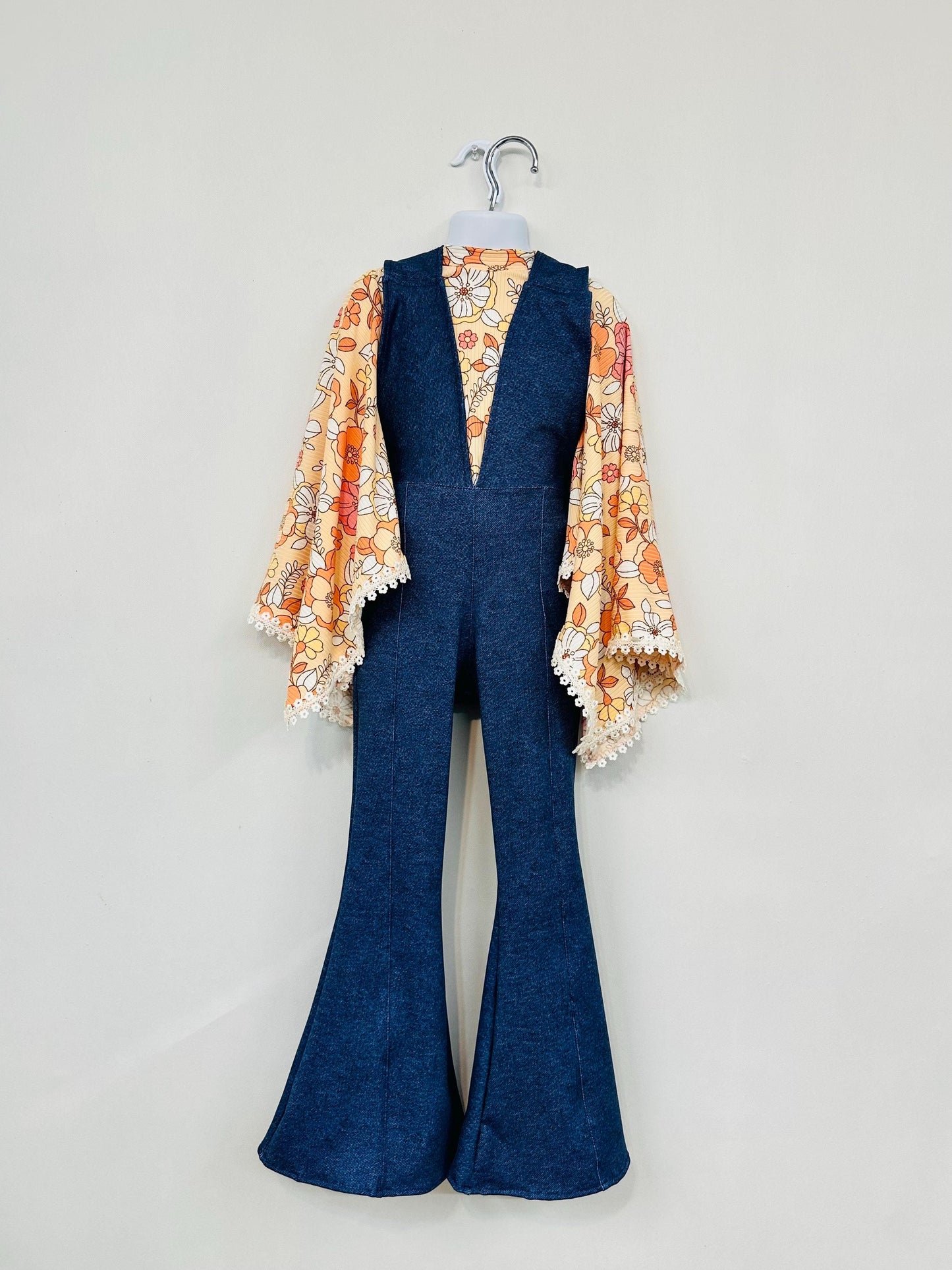 Groove in Style: Kids Denim Printed Lycra Retro Jumpsuit & Vintage Print Exaggerated Bell Sleeves Top (Sold Separately)- Light and Dark Wash