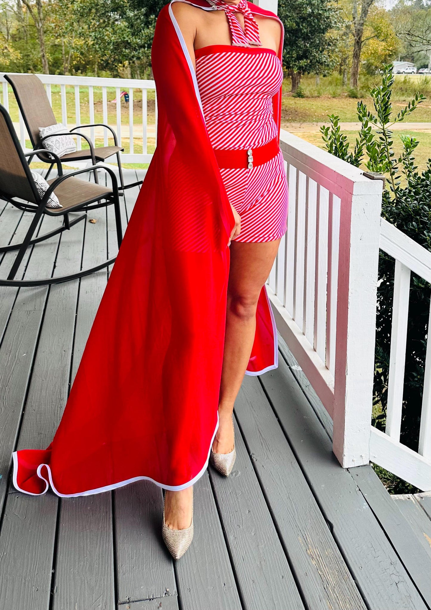 Women's Candy Cane Chic Romper & Cape Set  Adults