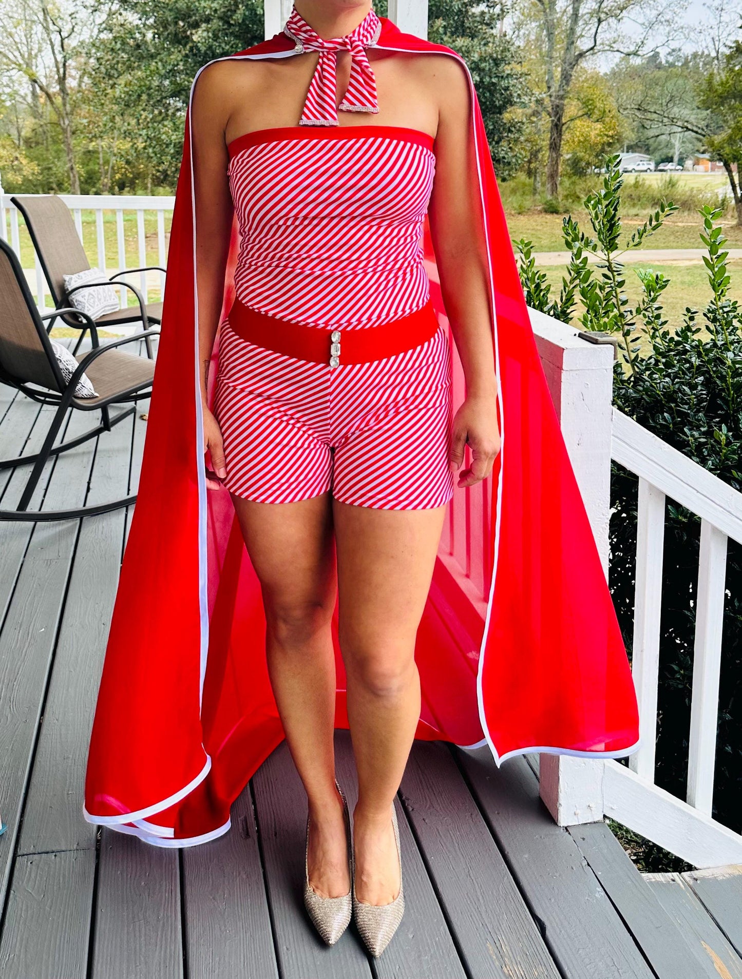 Women's Candy Cane Chic Romper & Cape Set  Adults