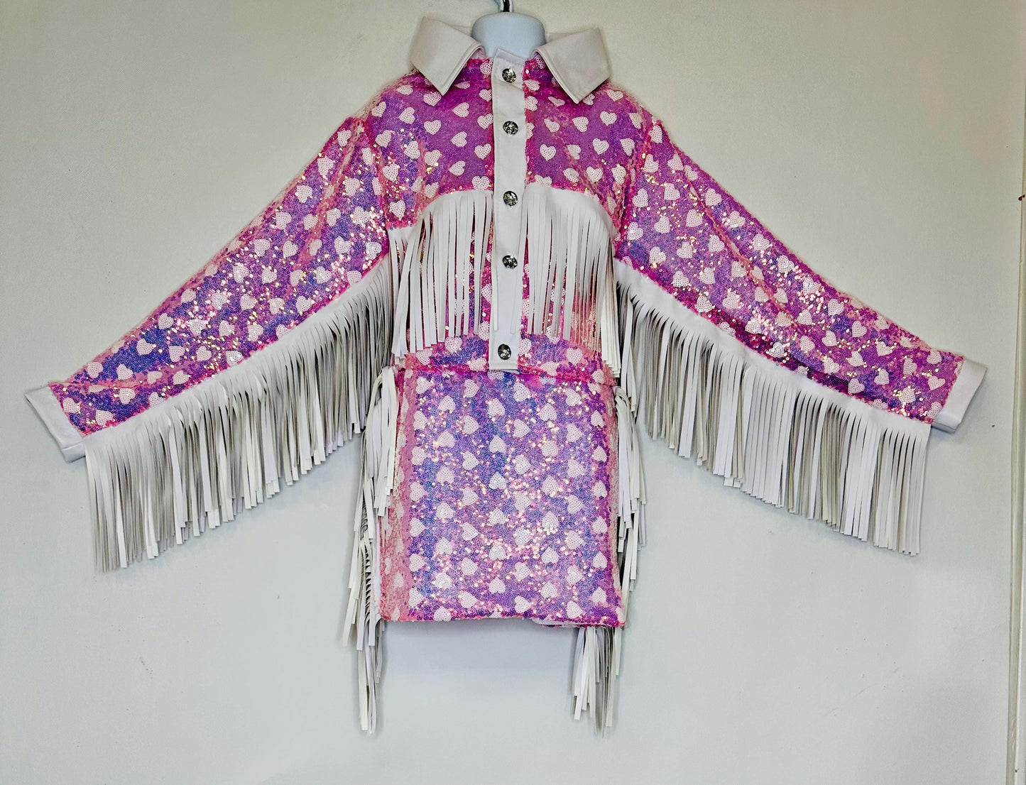 Girls Sparkly Sequin Western Jacket & Skirt Set|CowgirlOutfit Pink or Red Heart Pattern|Toddler to Junior Sizes|Hat+Boots Sold Separately