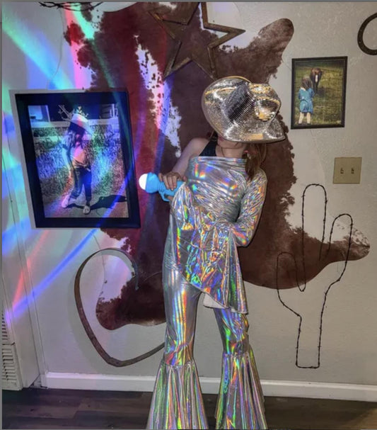 Dancing Queen One-Shoulder Jumpsuit|Metallic BellBottom Dance Outfit|Girls Disco Costume|Birthday Pageant Stage Wear|Custom Colors&Sizes