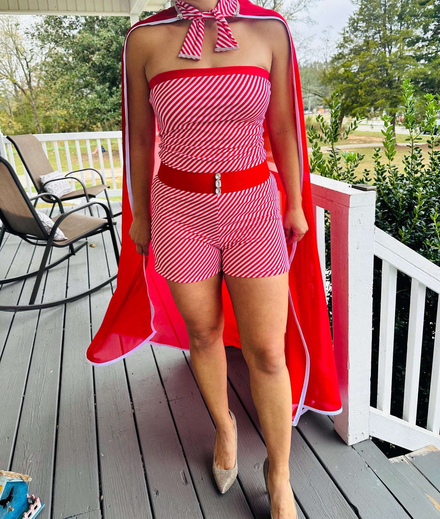 Women's Candy Cane Chic Romper & Cape Set  Adults