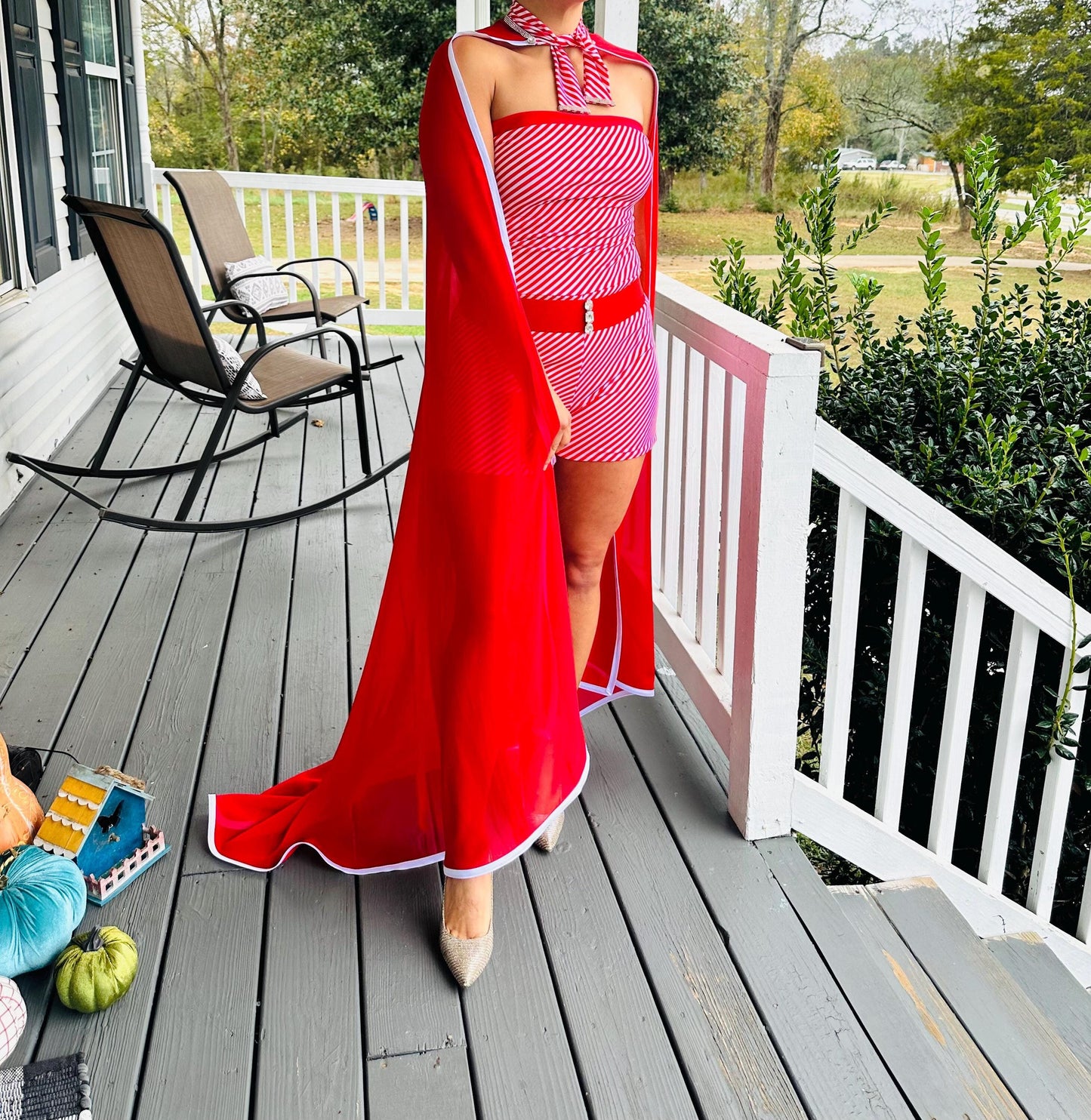 Women's Candy Cane Chic Romper & Cape Set  Adults