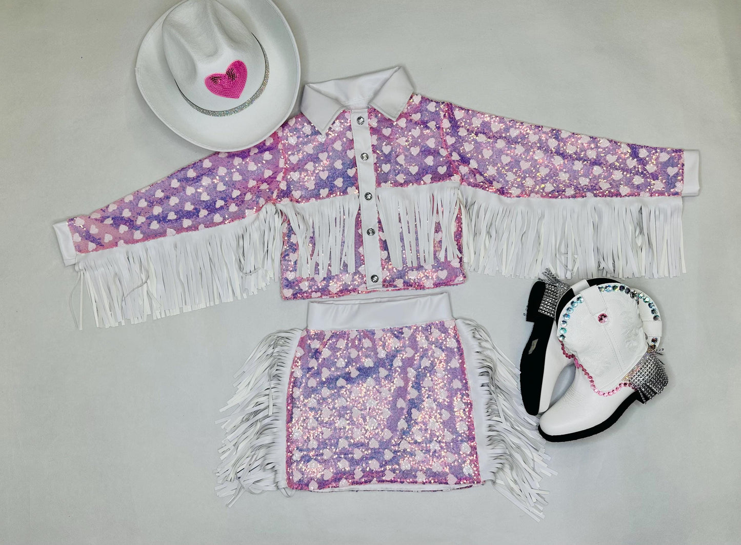 Girls Sparkly Sequin Western Jacket & Skirt Set|CowgirlOutfit Pink or Red Heart Pattern|Toddler to Junior Sizes|Hat+Boots Sold Separately