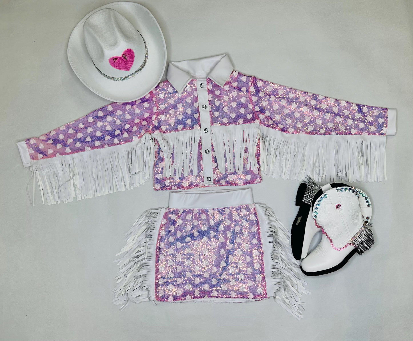 Girls Sparkly Sequin Western Jacket & Skirt Set|CowgirlOutfit Pink or Red Heart Pattern|Toddler to Junior Sizes|Hat+Boots Sold Separately
