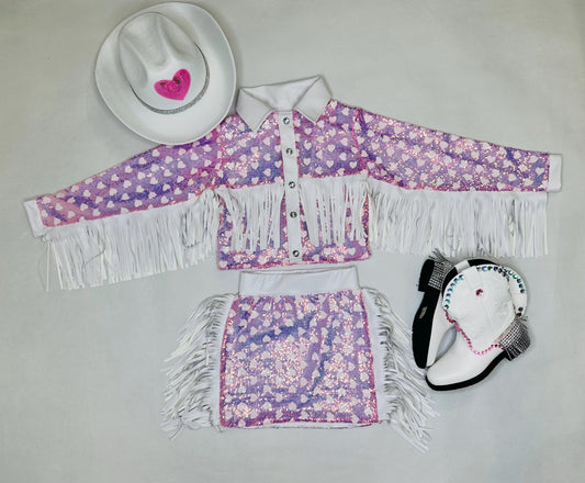Girls Sparkly Sequin Western Jacket & Skirt Set|CowgirlOutfit Pink or Red Heart Pattern|Toddler to Junior Sizes|Hat+Boots Sold Separately