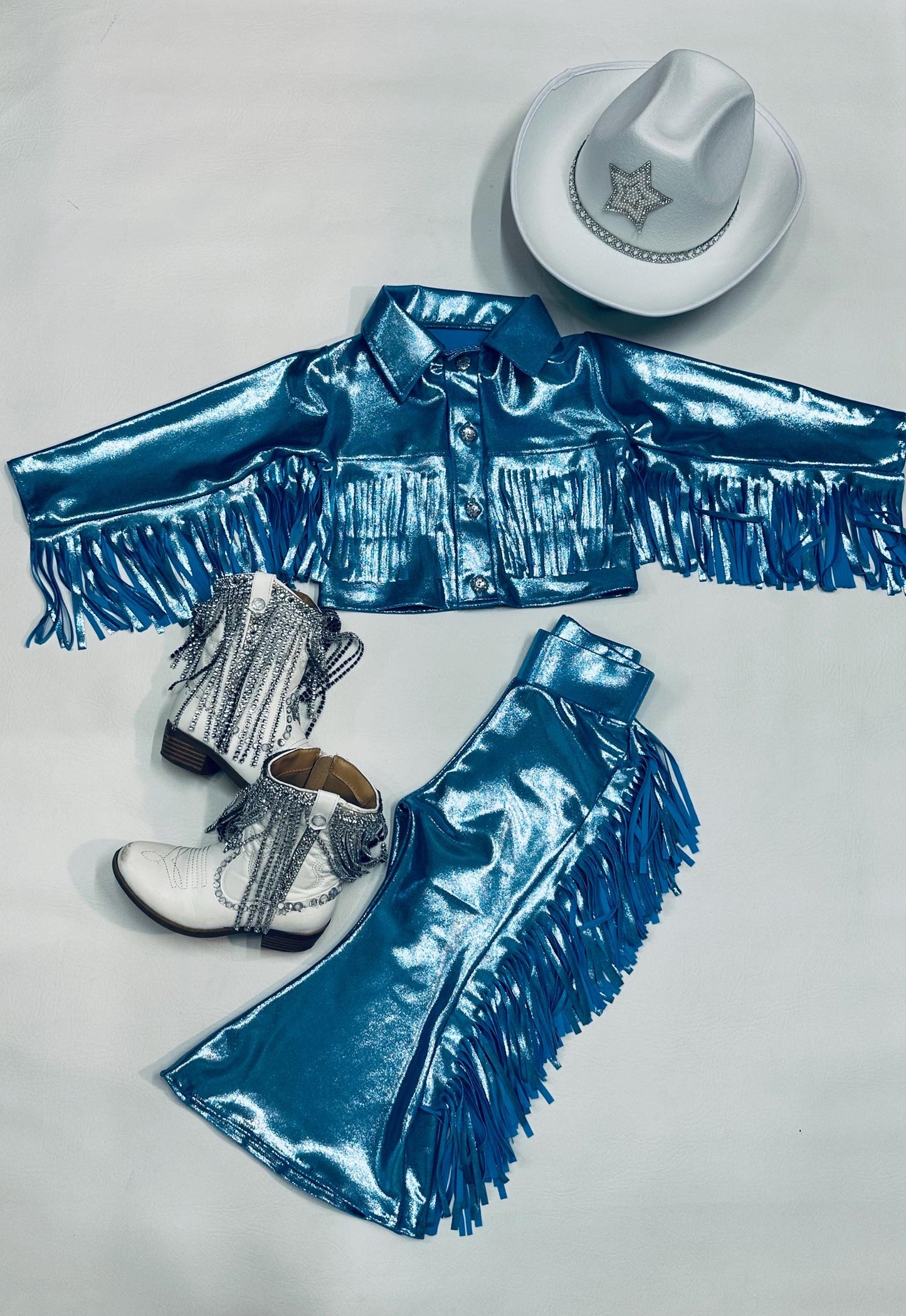 8Cowgirl Couture Fringe Set(InfantJuniors)Matte or Metallic Lycra Mystique|60+ Colors|Boots & Hat Sold Separately. Handmade Wholesome Goods
