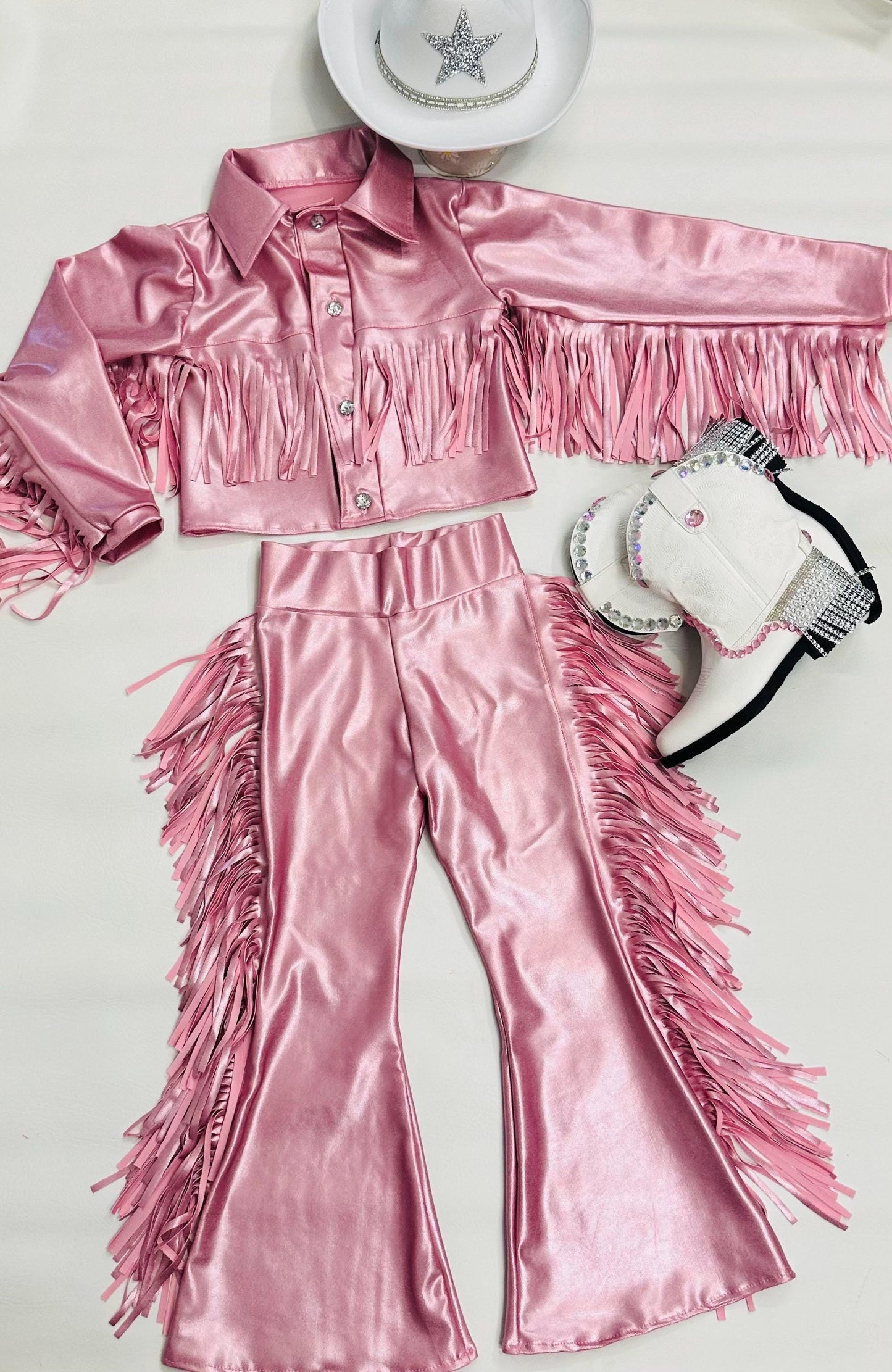 8Cowgirl Couture Fringe Set(InfantJuniors)Matte or Metallic Lycra Mystique|60+ Colors|Boots & Hat Sold Separately. Handmade Wholesome Goods