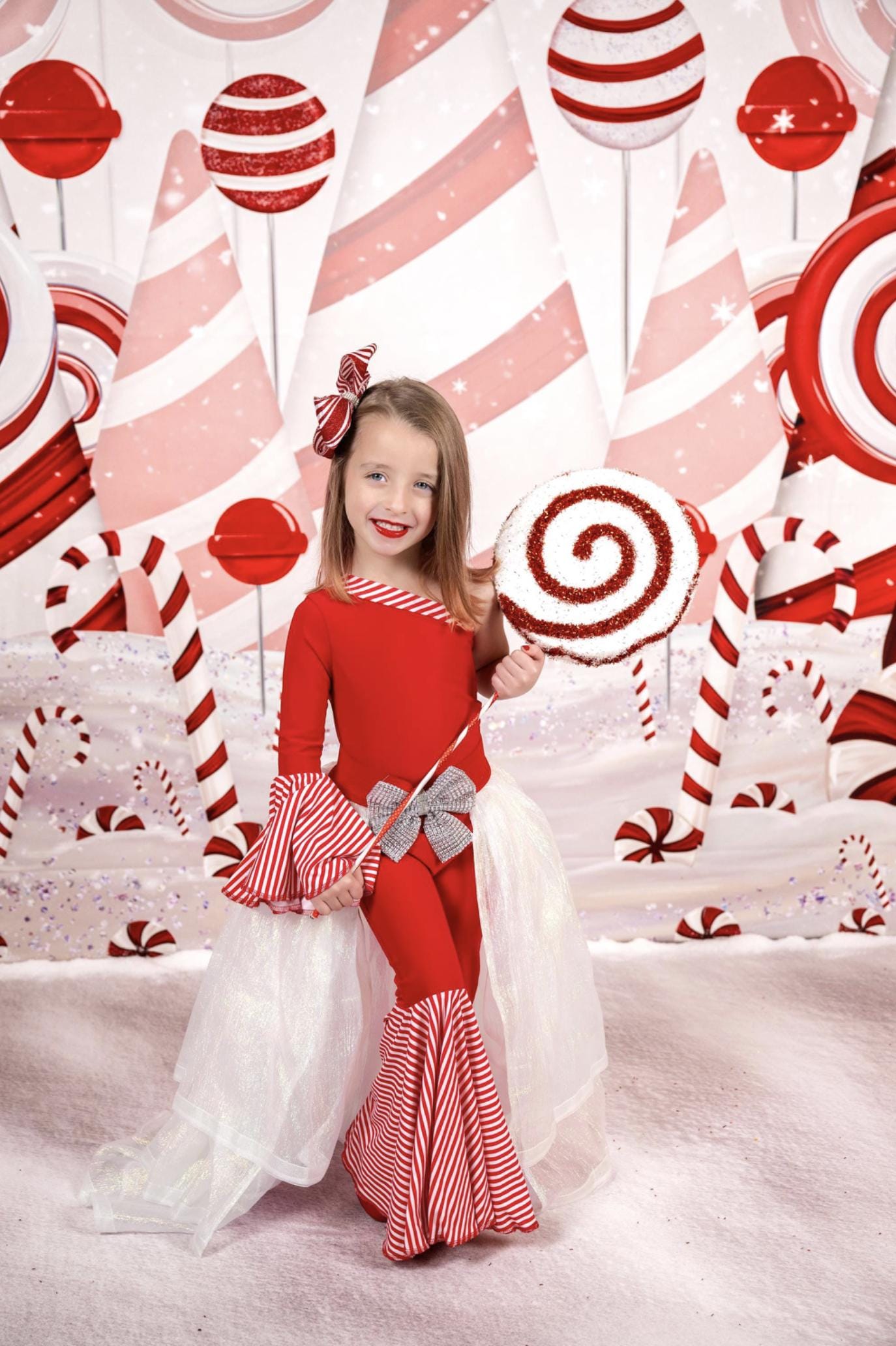 Candy Cane Christmas Jumpsuit for Kids Also Available In Adult Sizes|Detachable Train, Bow Belt, Hair Bow, Wrist Cuffs|Sold Separately