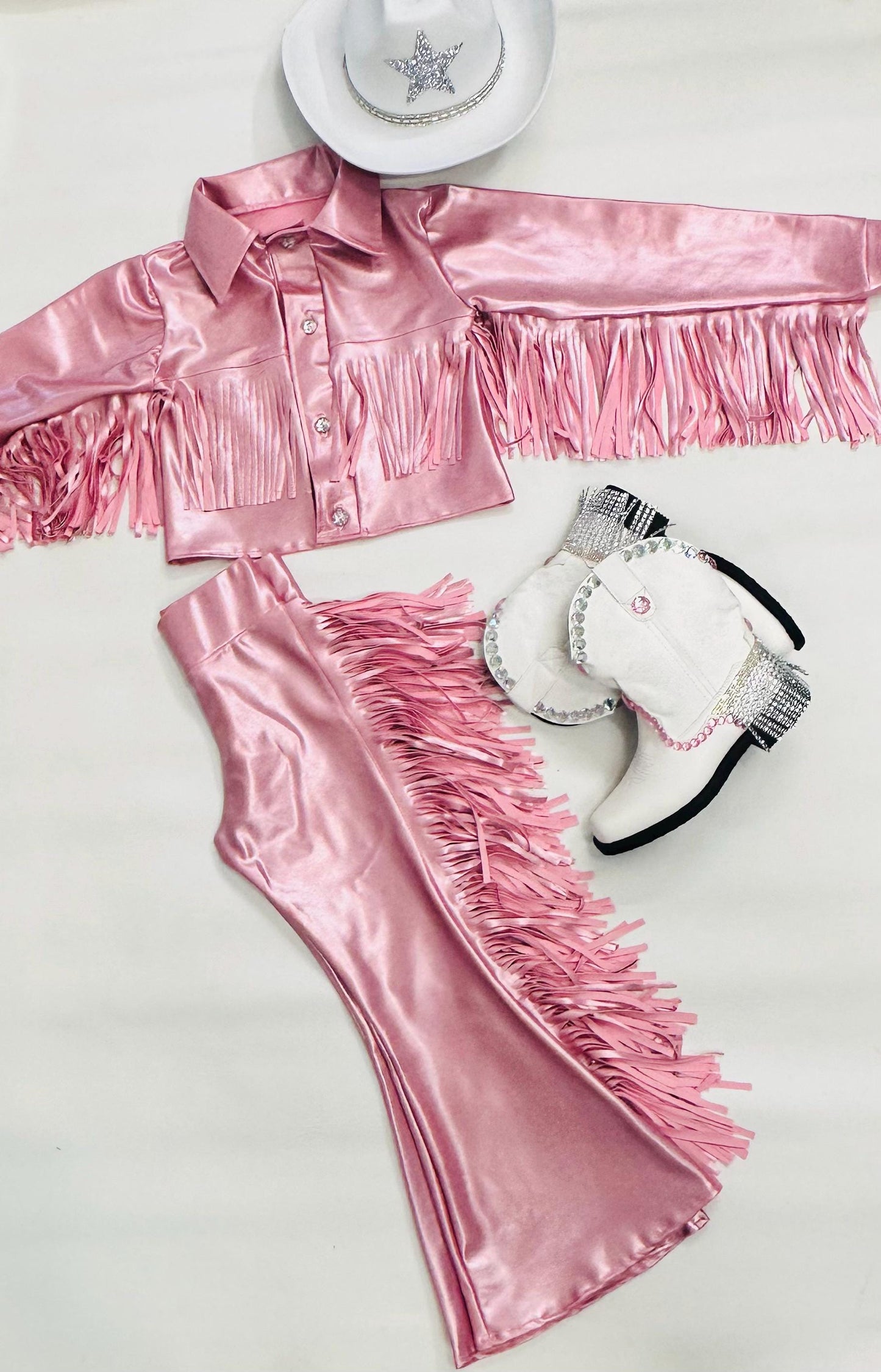 8Cowgirl Couture Fringe Set(InfantJuniors)Matte or Metallic Lycra Mystique|60+ Colors|Boots & Hat Sold Separately. Handmade Wholesome Goods