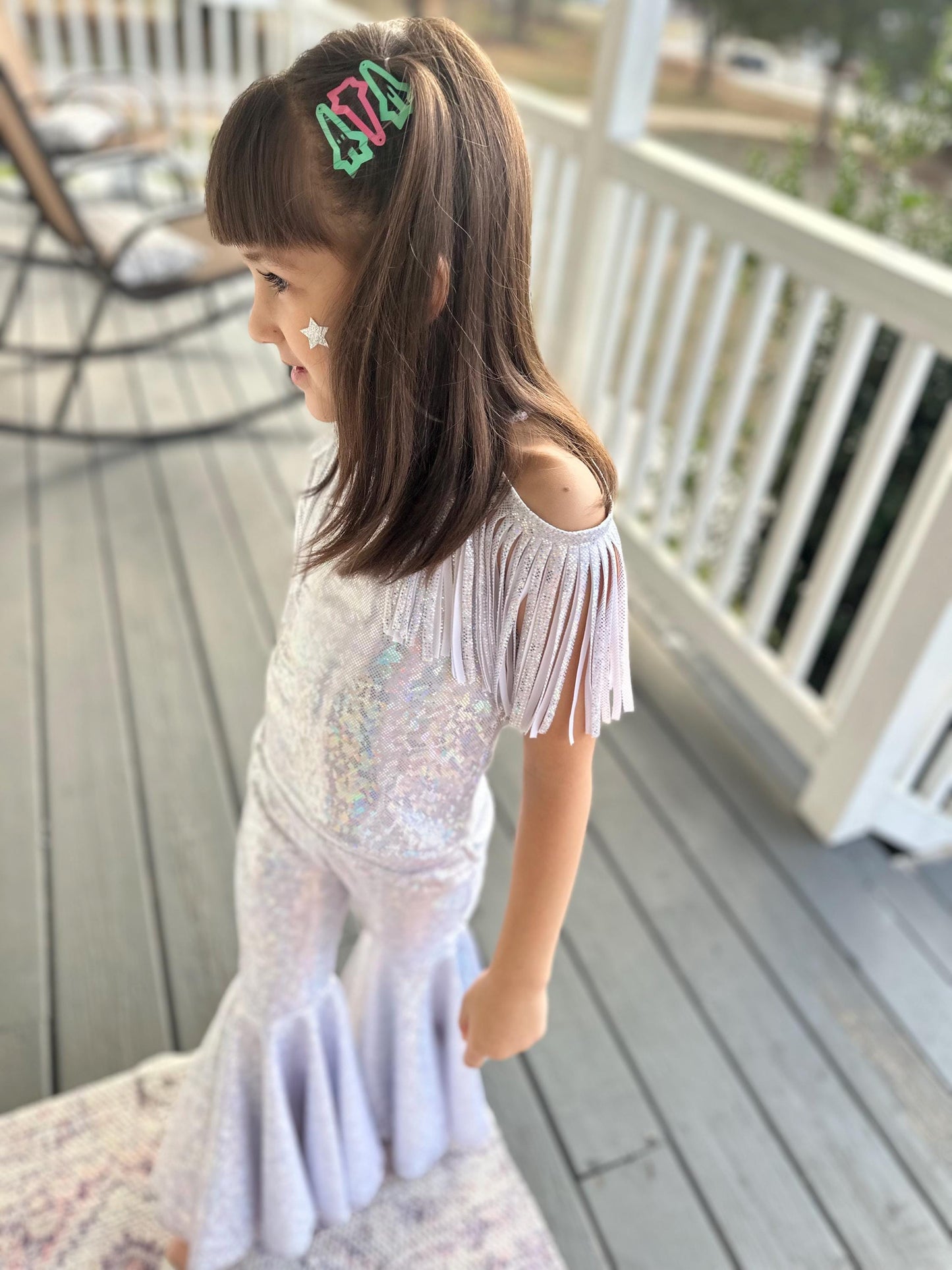 Pageant-Ready Cold Shoulder Fringe Set with Flared Bell Bottoms  Diverse Colors & Sizes for Special Occasions