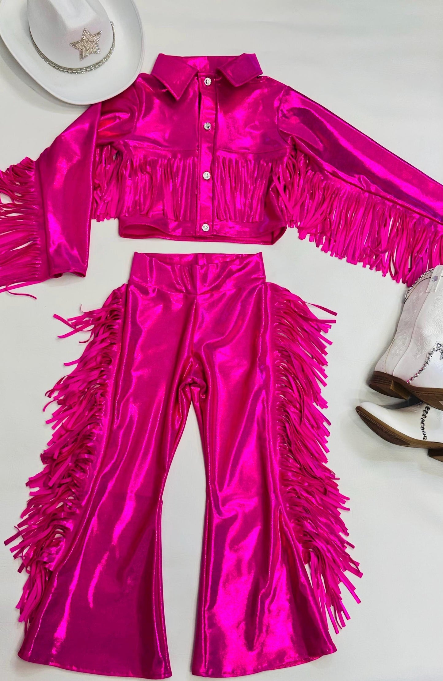 8Cowgirl Couture Fringe Set(InfantJuniors)Matte or Metallic Lycra Mystique|60+ Colors|Boots & Hat Sold Separately. Handmade Wholesome Goods