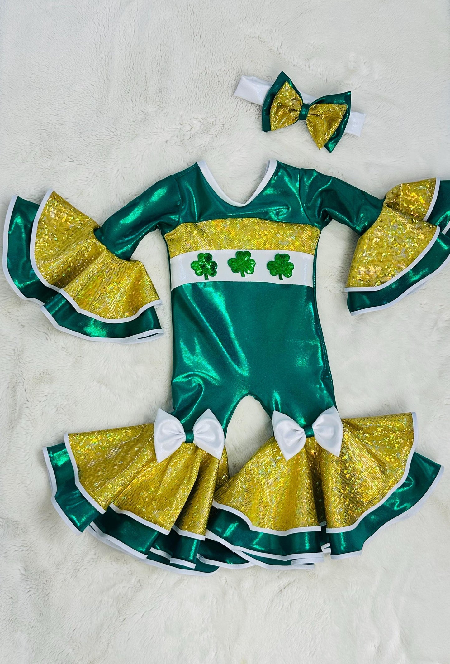 Leprechaun Glam St. Patricks Day Jumpsuit  Perfect for Pageants & Special Events Sizes 0-20, Optional Hair Clip/Headband Saint Patrick's