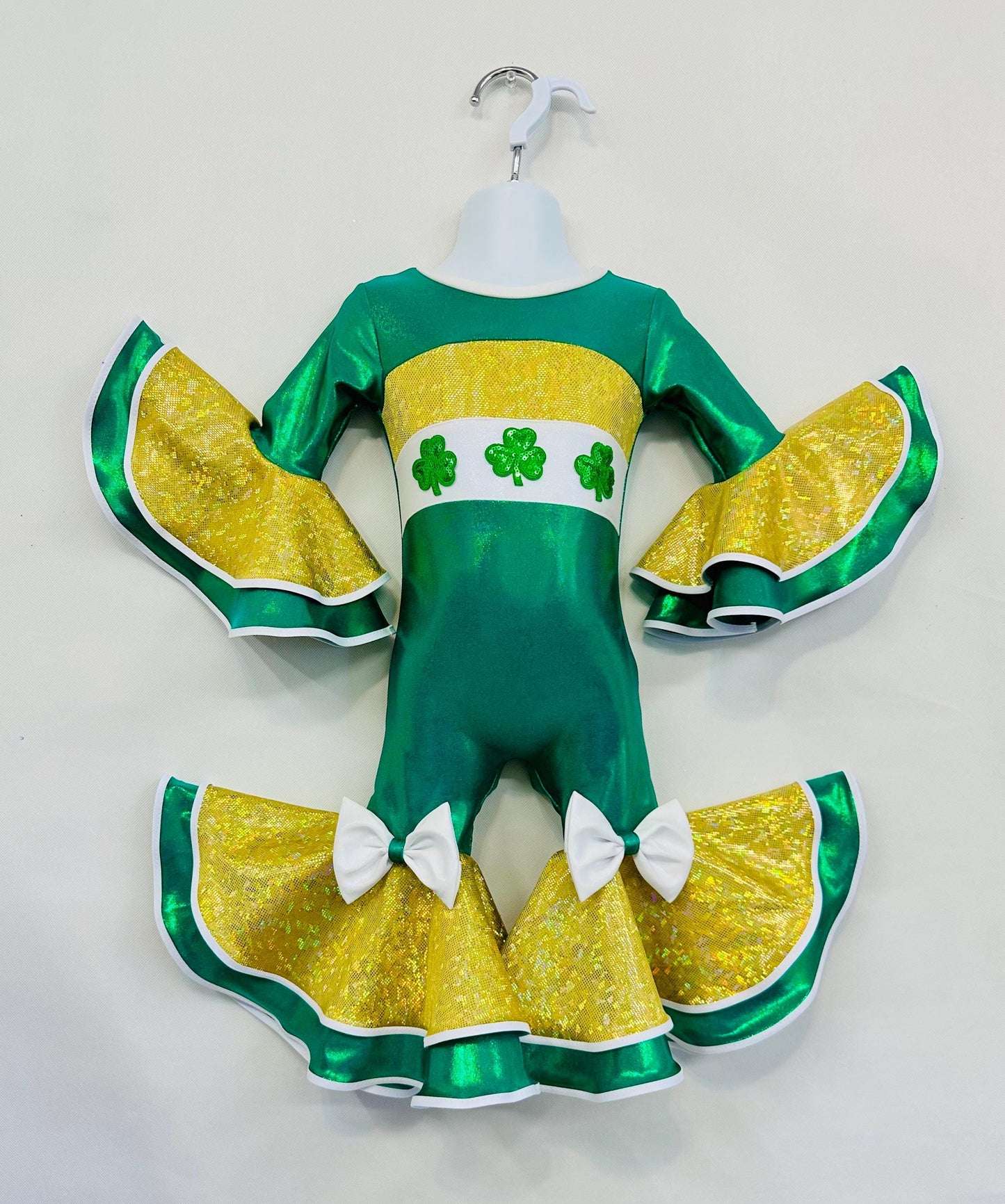 Leprechaun Glam St. Patricks Day Jumpsuit  Perfect for Pageants & Special Events Sizes 0-20, Optional Hair Clip/Headband Saint Patrick's