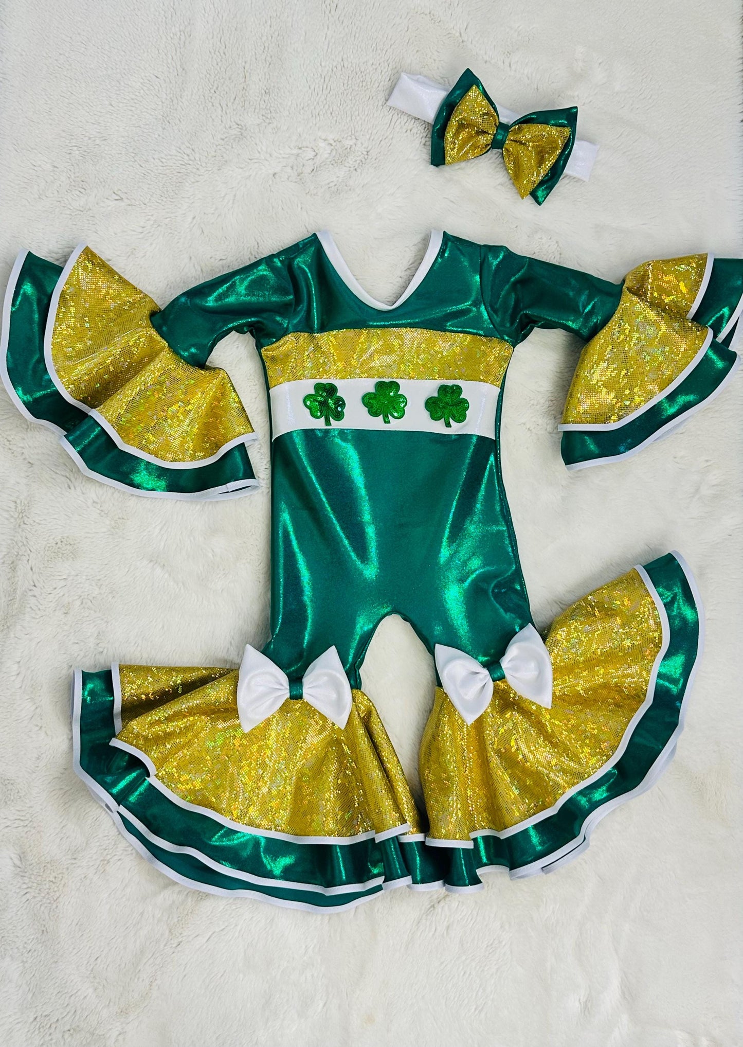 Leprechaun Glam St. Patricks Day Jumpsuit  Perfect for Pageants & Special Events Sizes 0-20, Optional Hair Clip/Headband Saint Patrick's