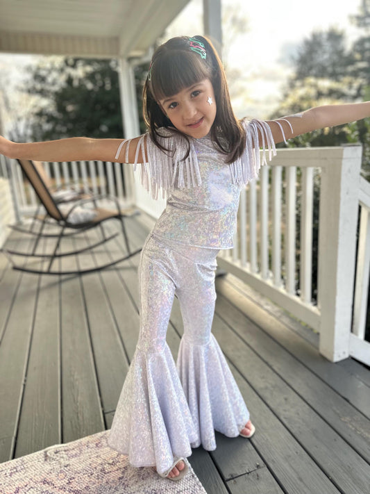 Pageant-Ready Cold Shoulder Fringe Set with Flared Bell Bottoms  Diverse Colors & Sizes for Special Occasions