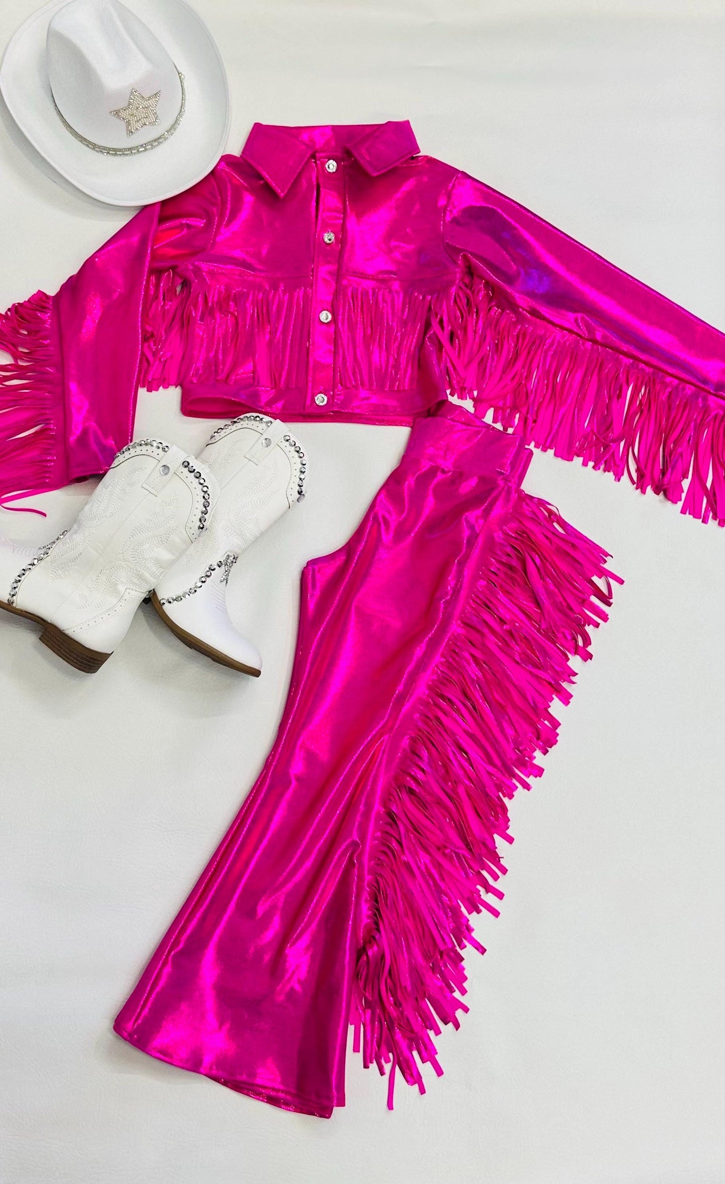 8Cowgirl Couture Fringe Set(InfantJuniors)Matte or Metallic Lycra Mystique|60+ Colors|Boots & Hat Sold Separately. Handmade Wholesome Goods
