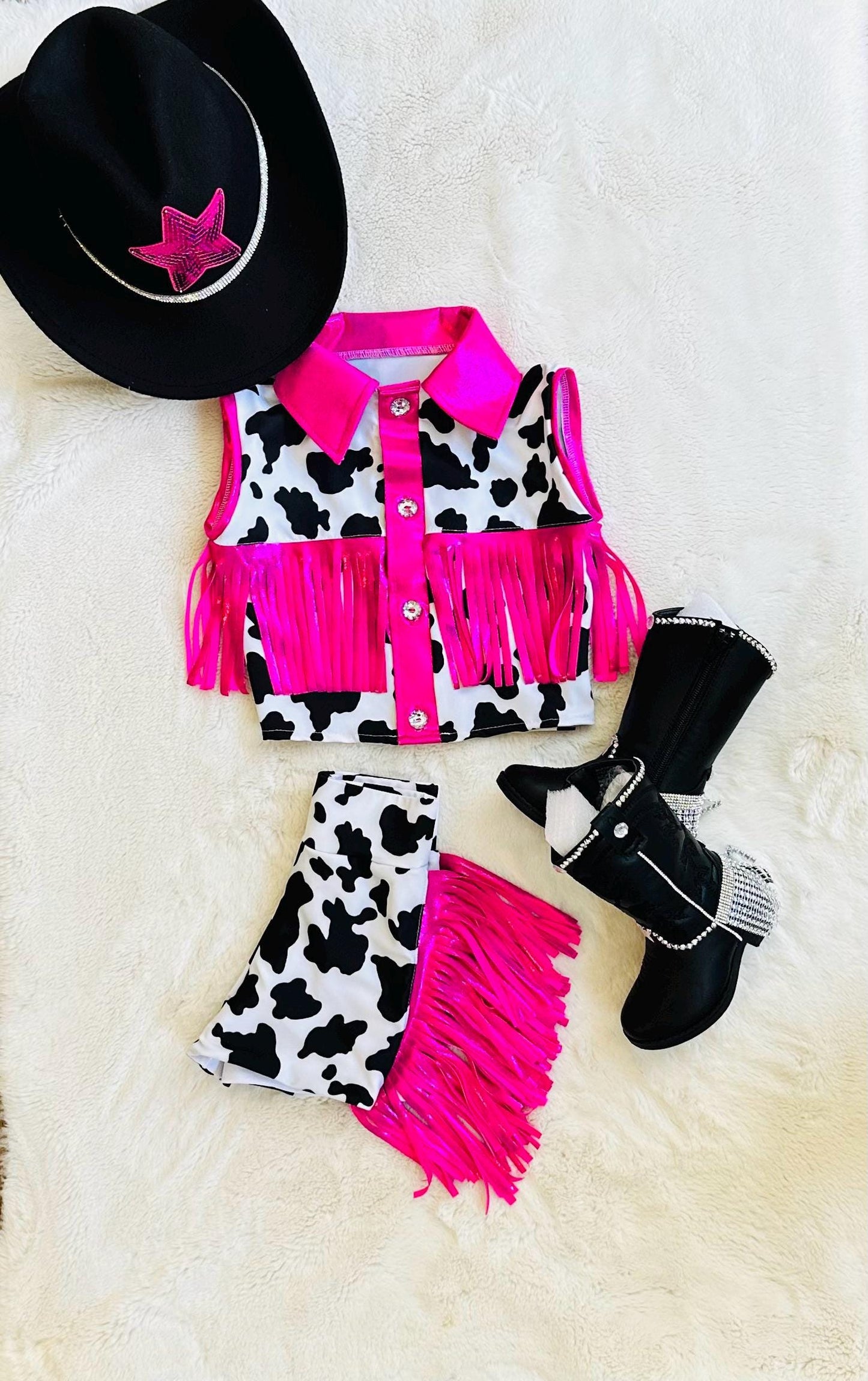 Girls Cow Print Fringe Western Outfit_ Cowgirl Birthday Set (Boots and Hat Sold Separately) |Sizes 0-3M to 20|Rodeo, Pageant, Concert Outfit