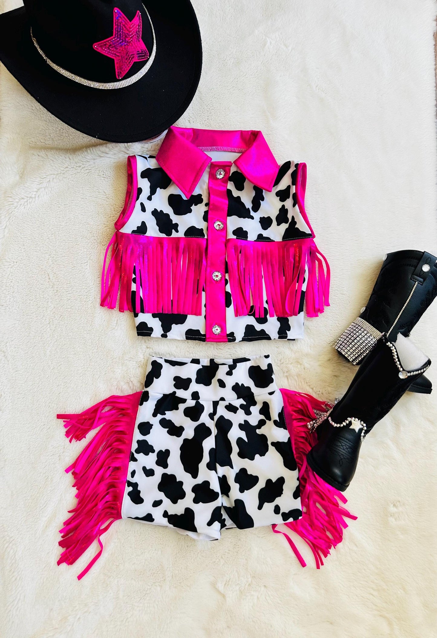 Girls Cow Print Fringe Western Outfit_ Cowgirl Birthday Set (Boots and Hat Sold Separately) |Sizes 0-3M to 20|Rodeo, Pageant, Concert Outfit