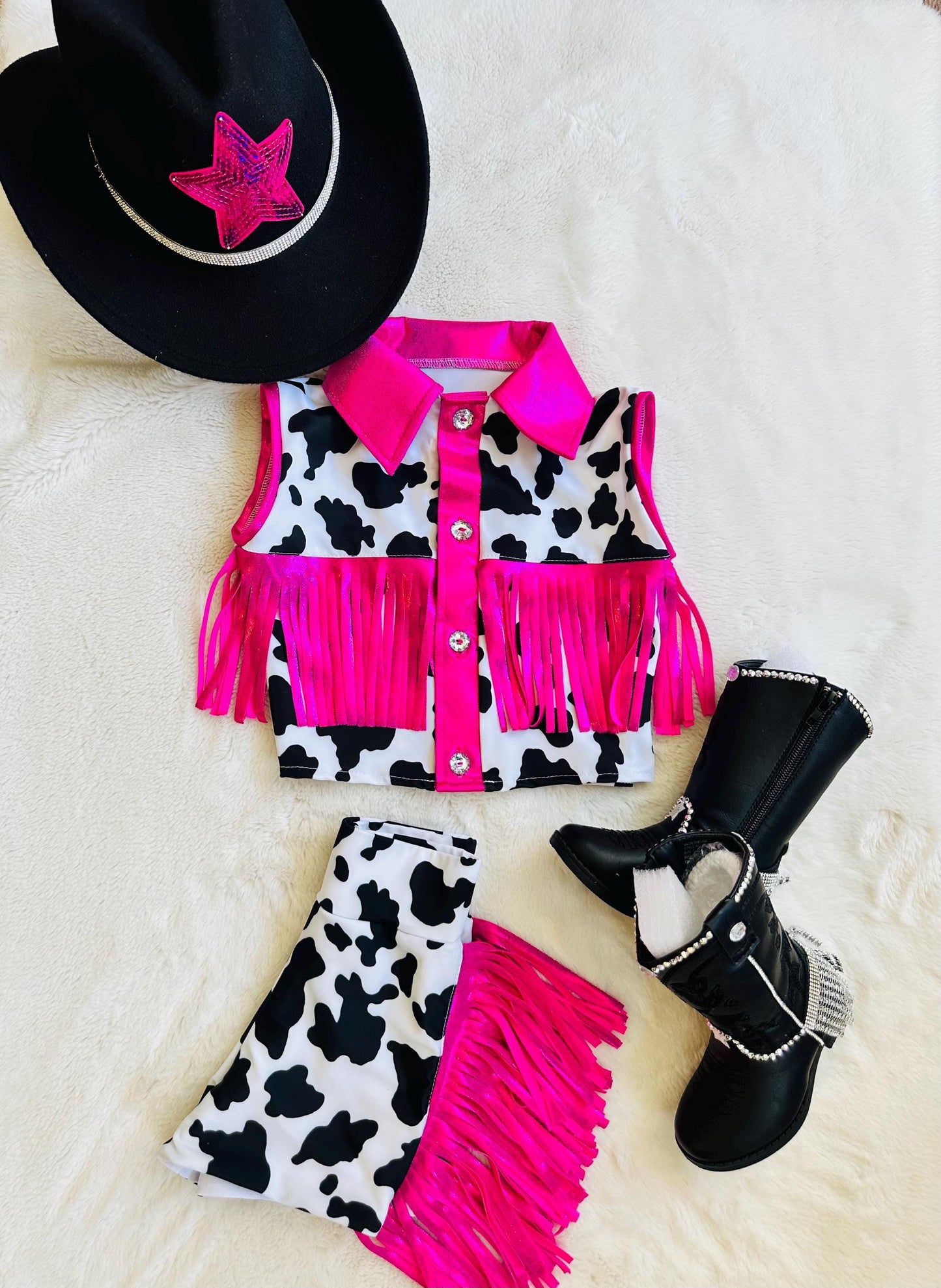 Girls Cow Print Fringe Western Outfit_ Cowgirl Birthday Set (Boots and Hat Sold Separately) |Sizes 0-3M to 20|Rodeo, Pageant, Concert Outfit