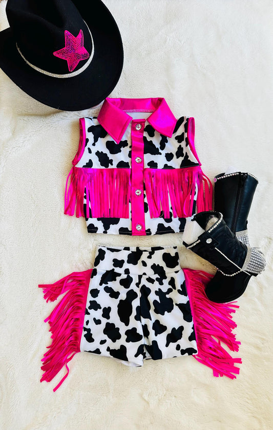 Girls Cow Print Fringe Western Outfit_ Cowgirl Birthday Set (Boots and Hat Sold Separately) |Sizes 0-3M to 20|Rodeo, Pageant, Concert Outfit