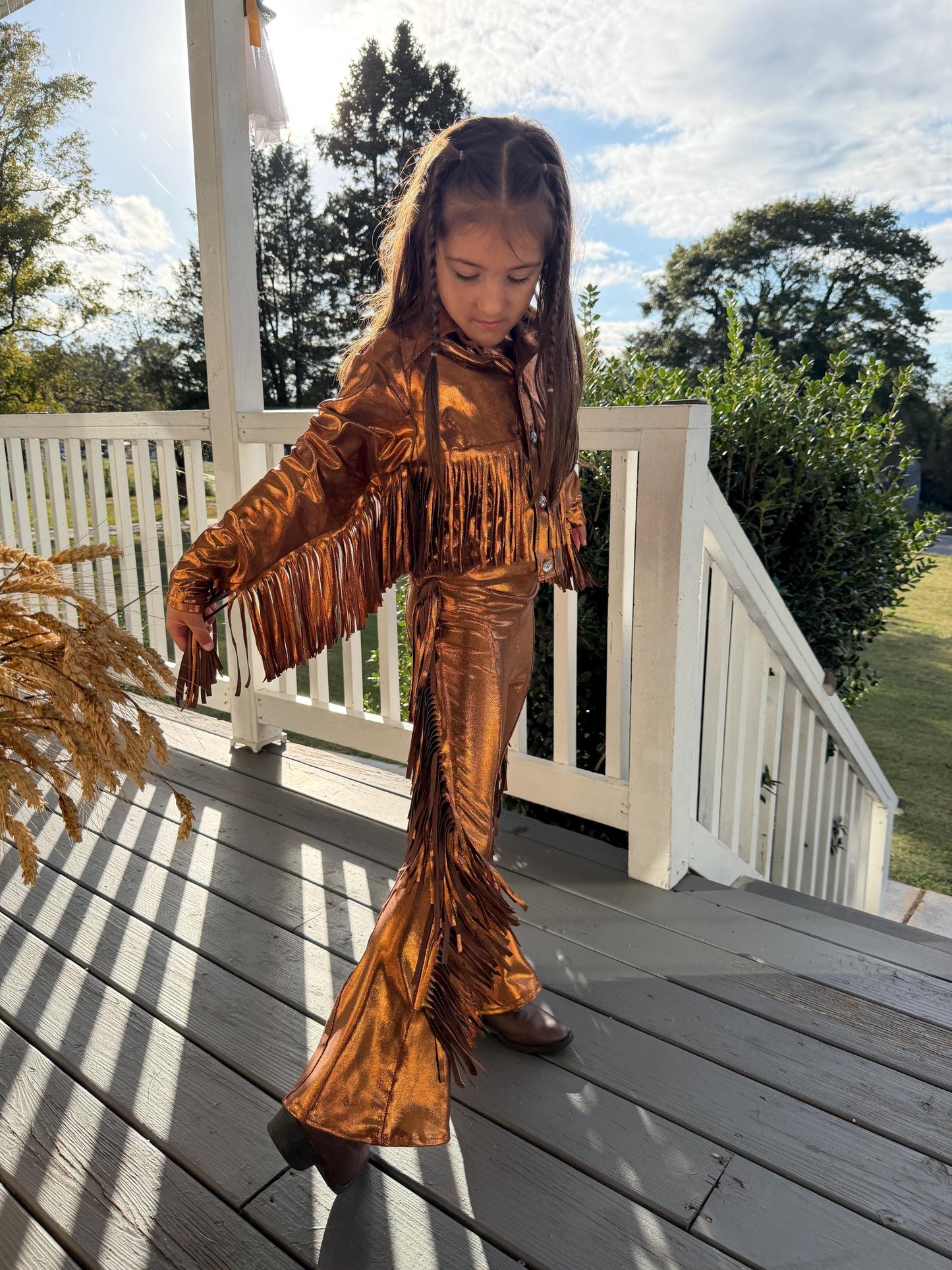 8Cowgirl Couture Fringe Set(InfantJuniors)Matte or Metallic Lycra Mystique|60+ Colors|Boots & Hat Sold Separately. Handmade Wholesome Goods