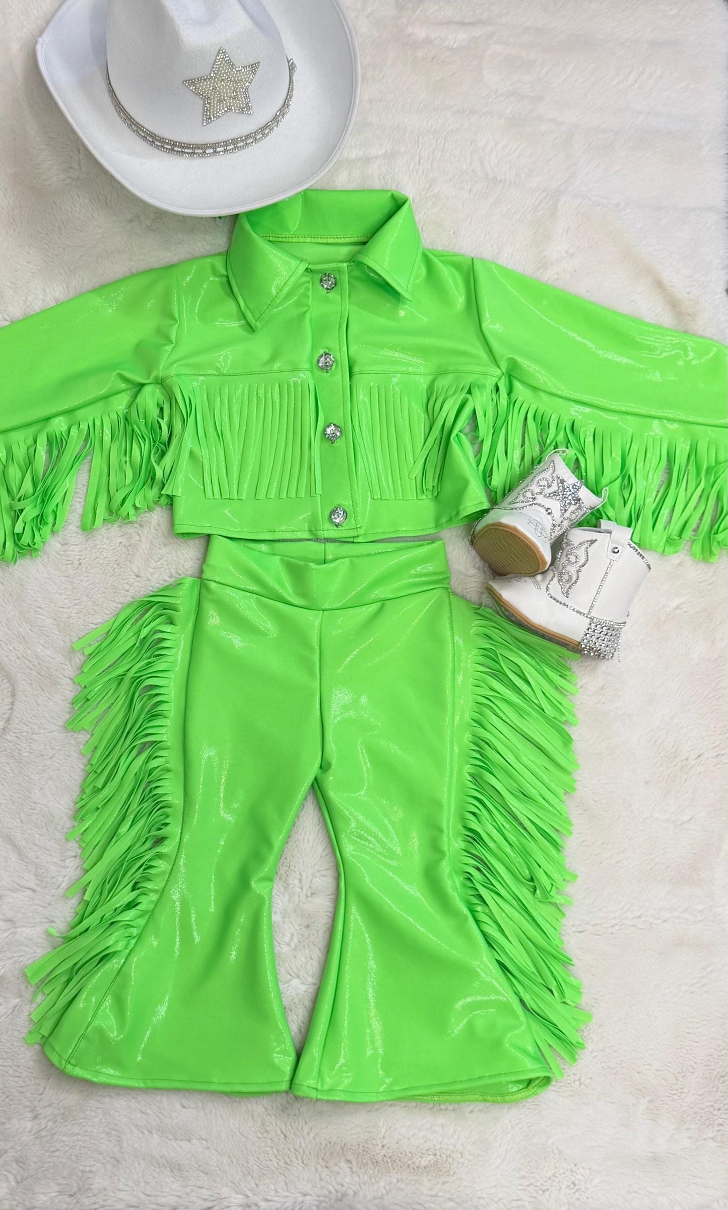 8Cowgirl Couture Fringe Set(InfantJuniors)Matte or Metallic Lycra Mystique|60+ Colors|Boots & Hat Sold Separately. Handmade Wholesome Goods
