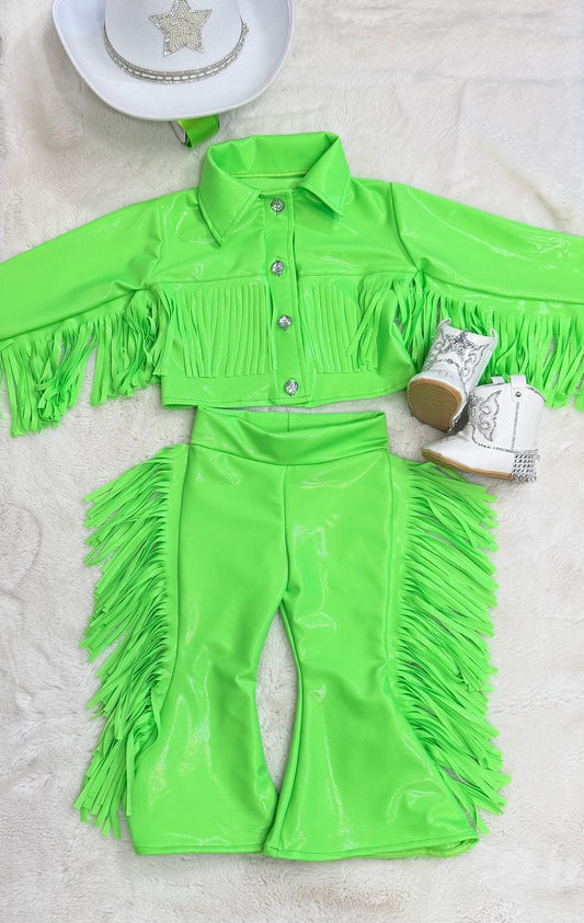 8Cowgirl Couture Fringe Set(InfantJuniors)Matte or Metallic Lycra Mystique|60+ Colors|Boots & Hat Sold Separately. Handmade Wholesome Goods