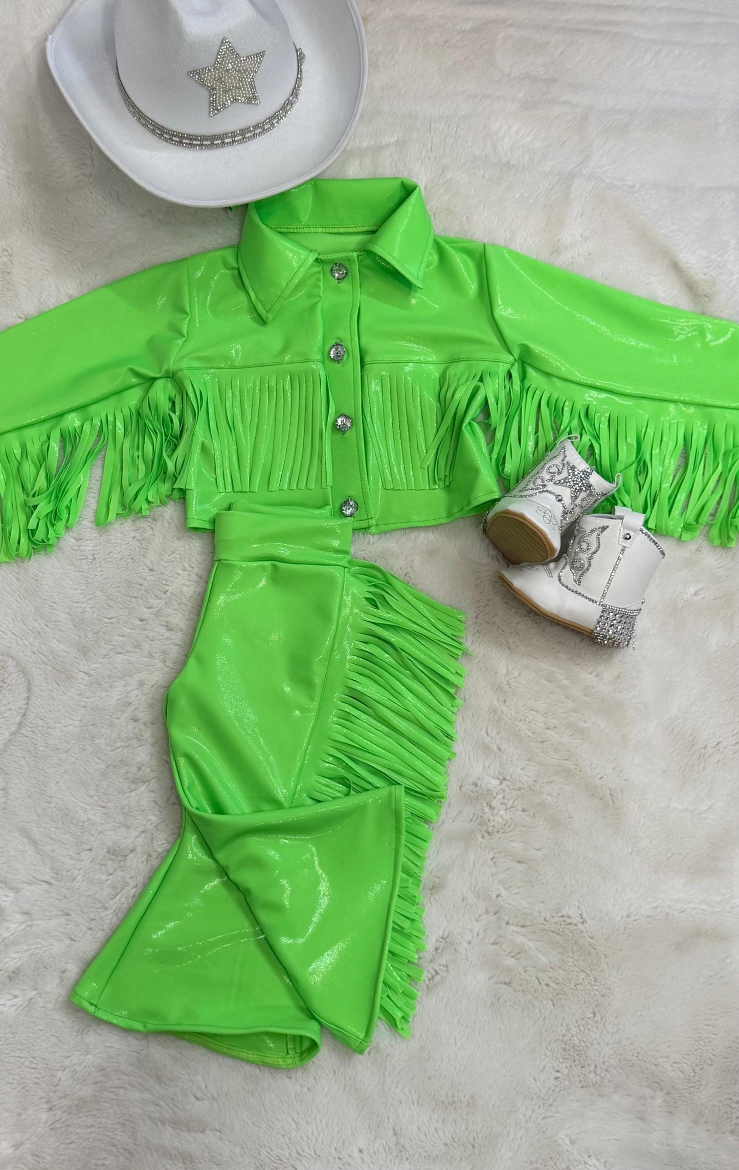 8Cowgirl Couture Fringe Set(InfantJuniors)Matte or Metallic Lycra Mystique|60+ Colors|Boots & Hat Sold Separately. Handmade Wholesome Goods