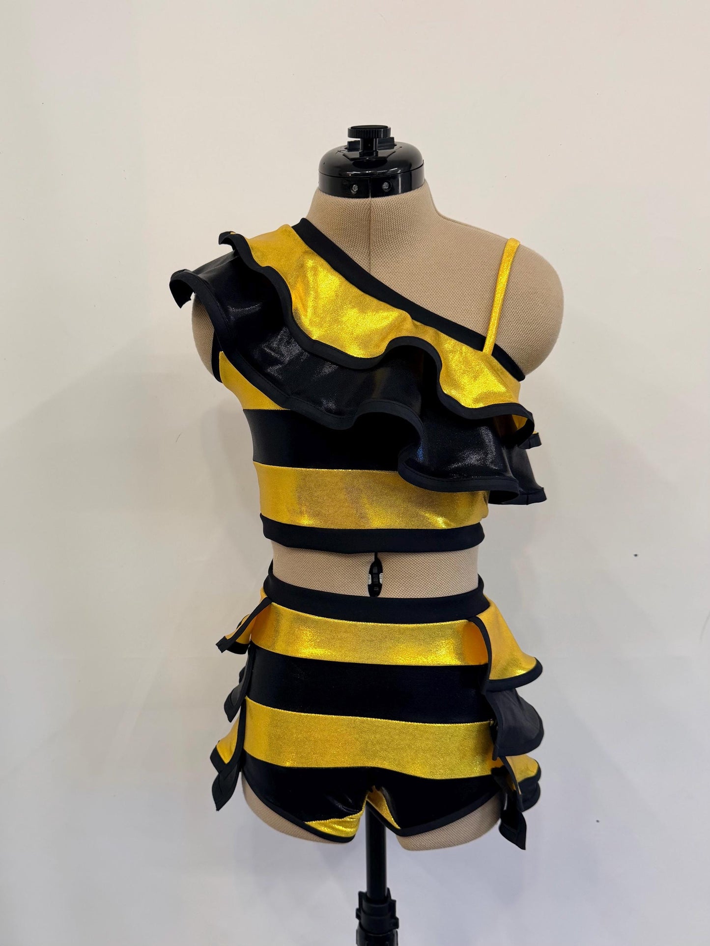 Queen Bee - Metallic Gold Ruffle Dance Set | One Shoulder Crop Top & Shorts | Pageant Outfit | Custom Competition Costume Handmade in USA