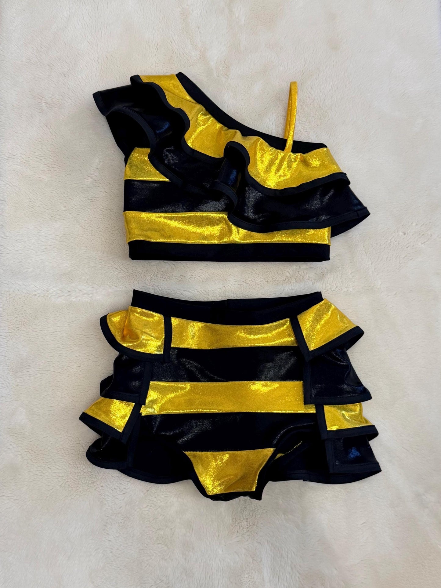 Queen Bee - Metallic Gold Ruffle Dance Set | One Shoulder Crop Top & Shorts | Pageant Outfit | Custom Competition Costume Handmade in USA