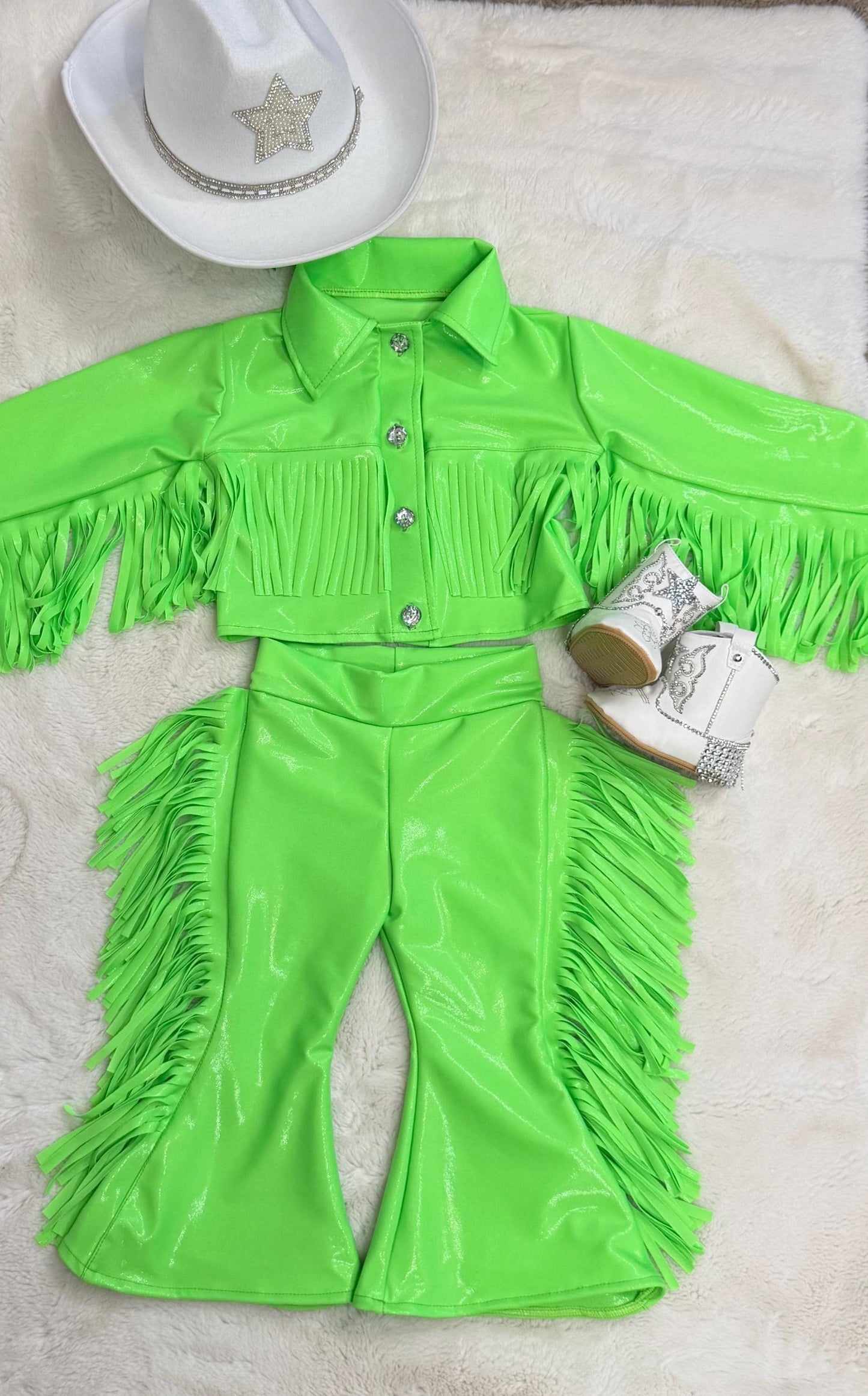 8Cowgirl Couture Fringe Set(InfantJuniors)Matte or Metallic Lycra Mystique|60+ Colors|Boots & Hat Sold Separately. Handmade Wholesome Goods